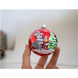 Стеклянный ёлочный шар ЗОДИАК: ЗАЙЧИК С ЁЛОЧНЫМ ШАРИКОМ, красный, 75 мм, Елочка