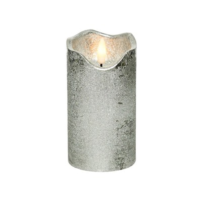 Светодиодная восковая свеча ЖИВАЯ ДУША, серебряная, тёплый белый LED-огонь мерцающий, 'натуральный фитилёк', 7х13 см, таймер, батарейки, Kaemingk (Lumineo)