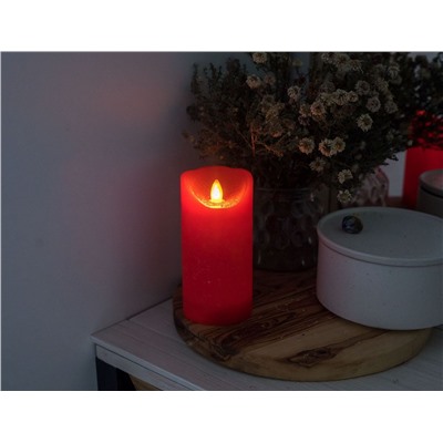 Светодиодная восковая свеча КЛАССИКА, красная, тёплый белый LED-огонь, мерцающий, 7.5х10 см, таймер, батарейки, Kaemingk (Lumineo)