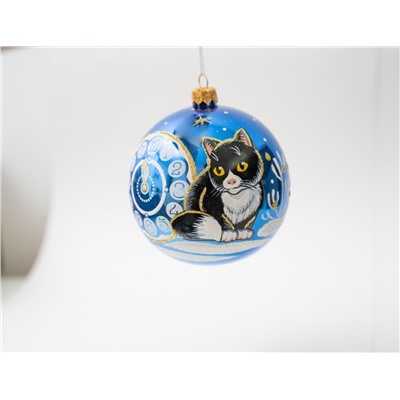 Стеклянный ёлочный шар ЗОДИАК: КОТ У ЧАСОВ, синий, 95 мм, Елочка