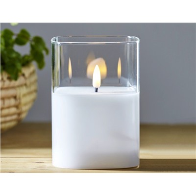Электрическая восковая свеча FLAMME в стеклянном стакане, белая, тёплый белый мерцающий LED-огонь, "натуральный фитилёк", таймер, 9х12.5 см, STAR trading
