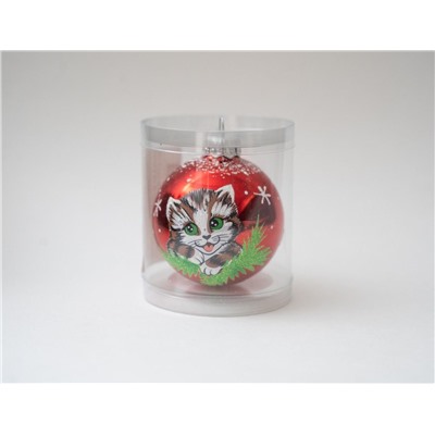 Стеклянный ёлочный шар ЗОДИАК: КОТЁНОК МУРЗИК, красный, 60 мм, Елочка