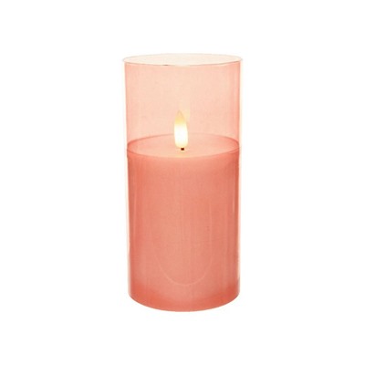 Светодиодная восковая свеча ФЬЁГА в стеклянных стаканах, розовая, тёплый белый LED-огонь мерцающий, 'натуральный фитилёк', 7.5х15 см, таймер, батарейки, Kaemingk (Lumineo)