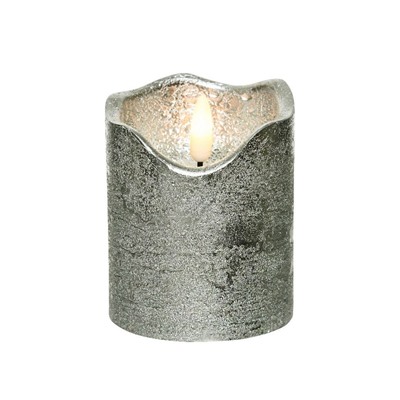 Светодиодная восковая свеча ЖИВАЯ ДУША, серебряная, тёплый белый LED-огонь мерцающий, 'натуральный фитилёк', 7х9 см, таймер, батарейки, Kaemingk (Lumineo)