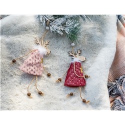 Ёлочная игрушка ОЛЕНИХА В ШУБКЕ, дерево, текстиль, розовая, 17 см, Due Esse Christmas