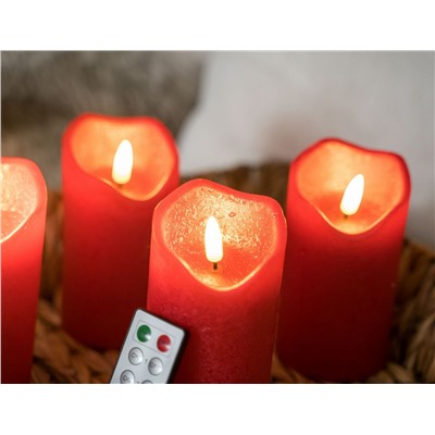 Набор светодиодных восковых свечей ЖИВАЯ ДУША, красных, тёплые белые LED-огни мерцающие, 'натуральные фитильки', 7х13 см (4 шт.), ПДУ, Kaemingk (Lumineo)