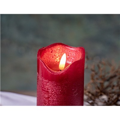 Светодиодная восковая свеча ЖИВАЯ ДУША, красная, тёплый белый LED-огонь, "натуральный фитилёк" 3D, 7х9 см, таймер, батарейки, Kaemingk (Lumineo)
