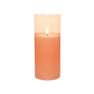 Светодиодная восковая свеча ФЬЁГА в стеклянных стаканах, розовая, тёплый белый LED-огонь мерцающий, 'натуральный фитилёк', 7.5х17.5 см, таймер, батарейки, Kaemingk (Lumineo)