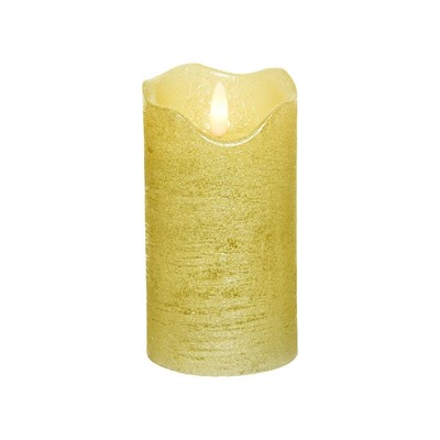 Светодиодная восковая свеча ЖИВАЯ ДУША, золотая, тёплый белый LED-огонь мерцающий, 'натуральный фитилёк', 7х13 см, таймер, батарейки, Kaemingk (Lumineo)