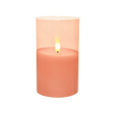 Светодиодная восковая свеча ФЬЁГА в стеклянных стаканах, розовая, тёплый белый LED-огонь мерцающий, 'натуральный фитилёк', 7.5х12.5 см, таймер, батарейки, Kaemingk (Lumineo)
