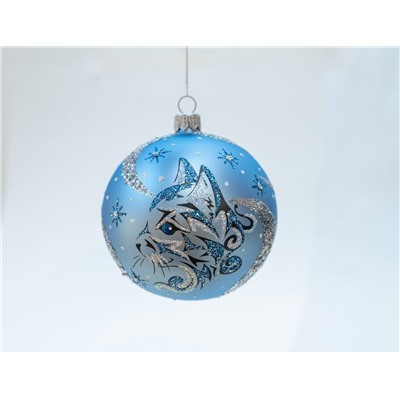 Стеклянный ёлочный шар ЗОДИАК: КОСМИЧЕСКИЙ КОТ, голубой, 85 мм, Елочка