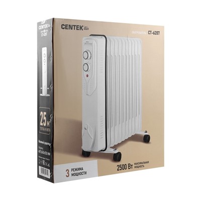 Обогреватель Centek CT-6207, масляный, напольный, 2500 Вт, 25 м², 11 секций, белый