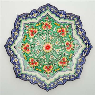 Ляган Риштанская Керамика "Цветы", 32 см, сине-зелёный, рифлённый