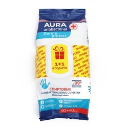 Влажные салфетки антибактериальные спиртовые AURA, 40+40 шт.