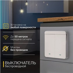 Выключатель беспроводной VVL-0011, 2 клавиши, радиус до 50 м, 10А, 220 В, белый