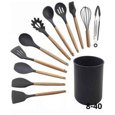 Набор кухонных принадлежностей силиконовый с деревянными ручками 12в1 для кухни с подставкой.