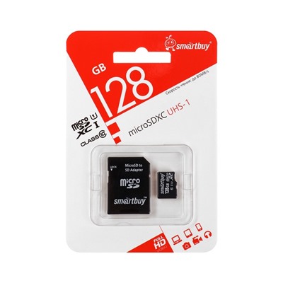 Карта памяти Smartbuy microSD, 128 Гб, SDXC, UHS-I, класс 10, с адаптером SD