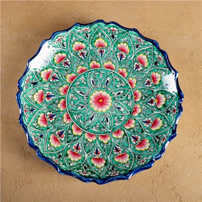 Ляган Риштанская Керамика "Цветы", 32 см, зелёный, рифлёный