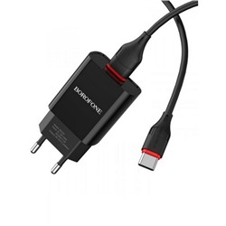 Адаптер сетевой Borofone BA20A USB+кабель for Type-C цв.черный(5V, 2100mA,блистер)
