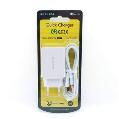 Адаптер сетевой QC3.0 Borofone BA21A USB+кабель for Type-C цв.белый(блистер)