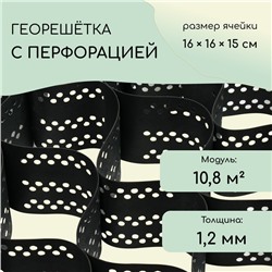 Георешётка 10,8 м² (2,3 × 4,6 м), ячейка 16 × 16 × 15 см, диагональ 22 см, толщина 1,2 мм