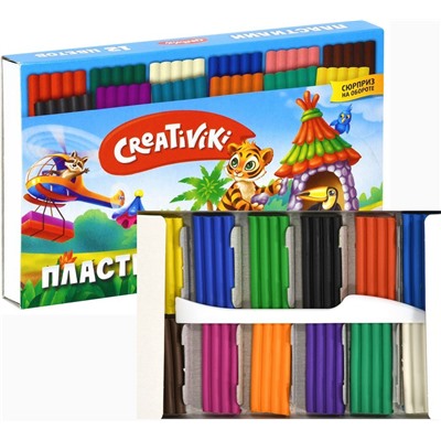 Пластилин 12 цв. 180 г ассорти со стеком  Creativiki