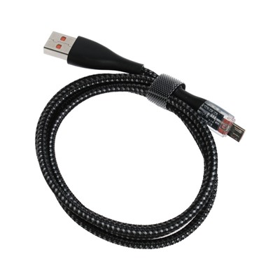 Кабель, 2 А, MicroUSB  - USB, прозрачный, оплётка нейлон, 1 м, чёрный