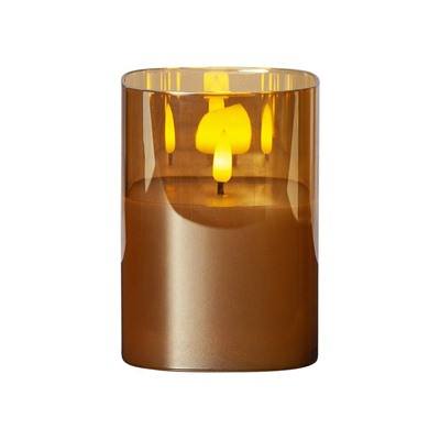 Электрическая восковая свеча FLAMME в стеклянном стакане, янтарная, тёплый белый мерцающий LED-огонь, "натуральный фитилёк", таймер, 9х12.5 см, STAR trading