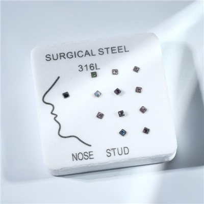 Пирсинг в нос "Кубик и стразинка", набор 12 шт., L=9 мм, цвет МИКС в серебре