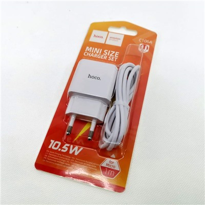Адаптер сетевой HOCO C106A USB+кабель micro USB цв.белый(5V, 2100mA)