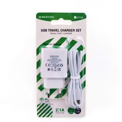 Адаптер сетевой Borofone BA74A USB+кабель Type-C цв.белый(5V,2100mA)