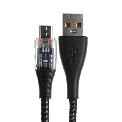 Кабель, 2 А, MicroUSB  - USB, прозрачный, оплётка нейлон, 1 м, чёрный