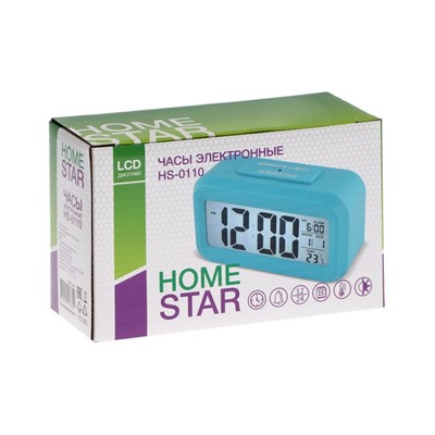 Часы HOMESTAR HS-0110, будильник, температура, подсветка, 3хААА, синие