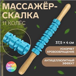 Массажёр «Скалка», универсальный, 37,5 × 4 см, деревянный, 11 колёс, цвет МИКС