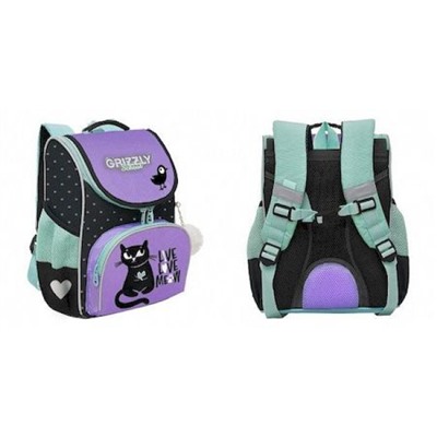 Рюкзак школьный RAm-384-1/1 "Кот" черный - сиреневый 25х33х13 см + сумка для сменной обуви GRIZZLY