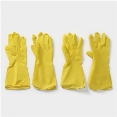 Перчатки хозяйственные латексные Доляна, 2 пары, размер S, 28 г, ХБ напыление, цвет жёлтый