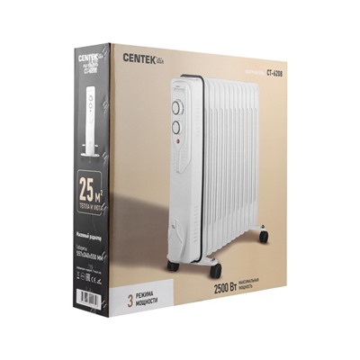 Обогреватель Centek CT-6208, масляный, напольный, 2500 Вт, 25 м², 13 секций, белый