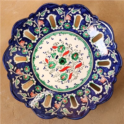 Фруктовница Риштанская Керамика "Цветы", 33 см, синяя