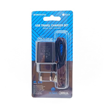 Адаптер сетевой Borofone BA52A USB+кабель Type-C цв.черный(5V,2100mA)
