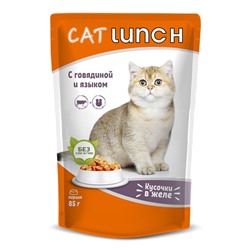 Влажный корм CAT LUNCH для кошек, кусочки в желе, говядина/язык, 85 г