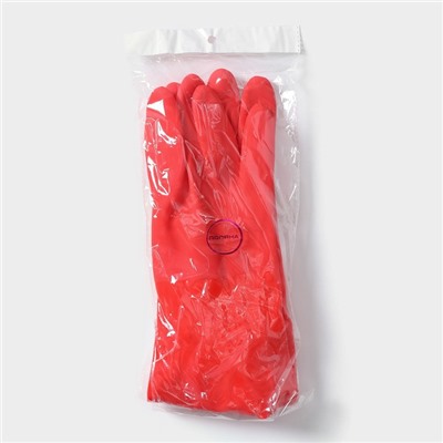 Перчатки хозяйственные резиновые с утеплителем Доляна, размер L, длинные манжеты, 140 гр, цвет красный