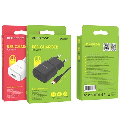 Адаптер сетевой Borofone BA48A USB+кабель micro USB цв.белый(5V,2100mA)