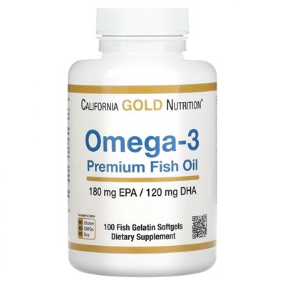 California Gold Nutrition, омега-3, рыбий жир премиального качества, 180 мг ЭПК / 120 мг ДГК, 100 капсул из рыбьего желатина