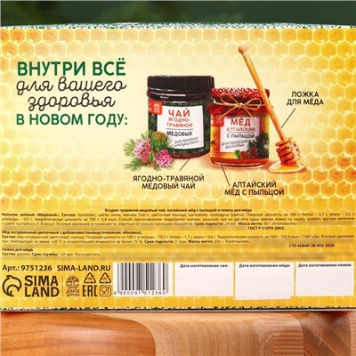 Подарочный набор «С новым годом: Крепкого иммунитета»: алтайский мёд с пыльцой 240 г., ягодно-травяной чай 50 г., ложка для мёда
