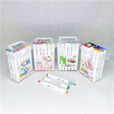 Скетч-маркеры двусторонние, кистевой и скошенный наконечник. Набор 18цветов в пластиковой коробке No:ZS-222