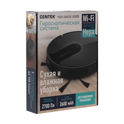 Робот-пылесос Centek CT-2721, 32 Вт, сухая/влажная уборка, 0.68/0.35 л, чёрный