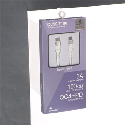 Кабель Accesstyle CC50-T100, Type-C - Type-C, 5 А, TPU, быстрая зарядка, 1 м, белый