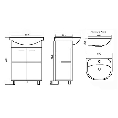 Комплект мебели для ванной: Тумба "Стандарт 60" + раковина "Амур 60", 60 х 46,3 х 86 см