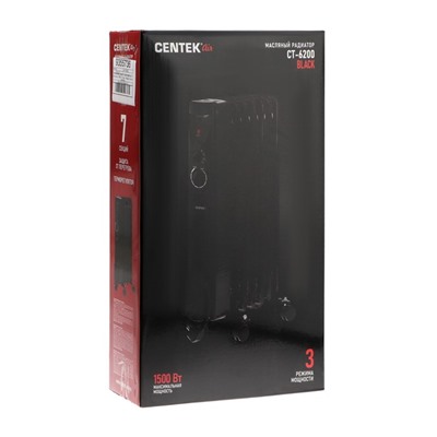 Обогреватель Centek CT-6200, масляный, напольный, 1500 Вт, 15 м², 7 секций, чёрный