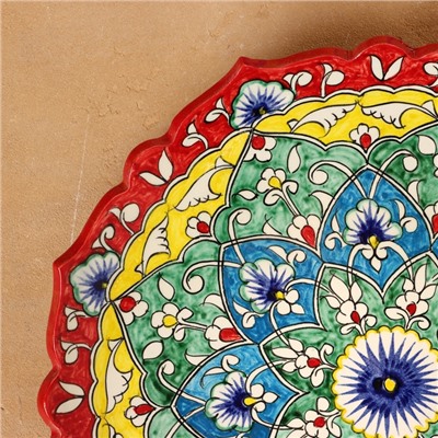 Ляган Риштанская Керамика "Цветы", 32 см, красный микс, рифлённый